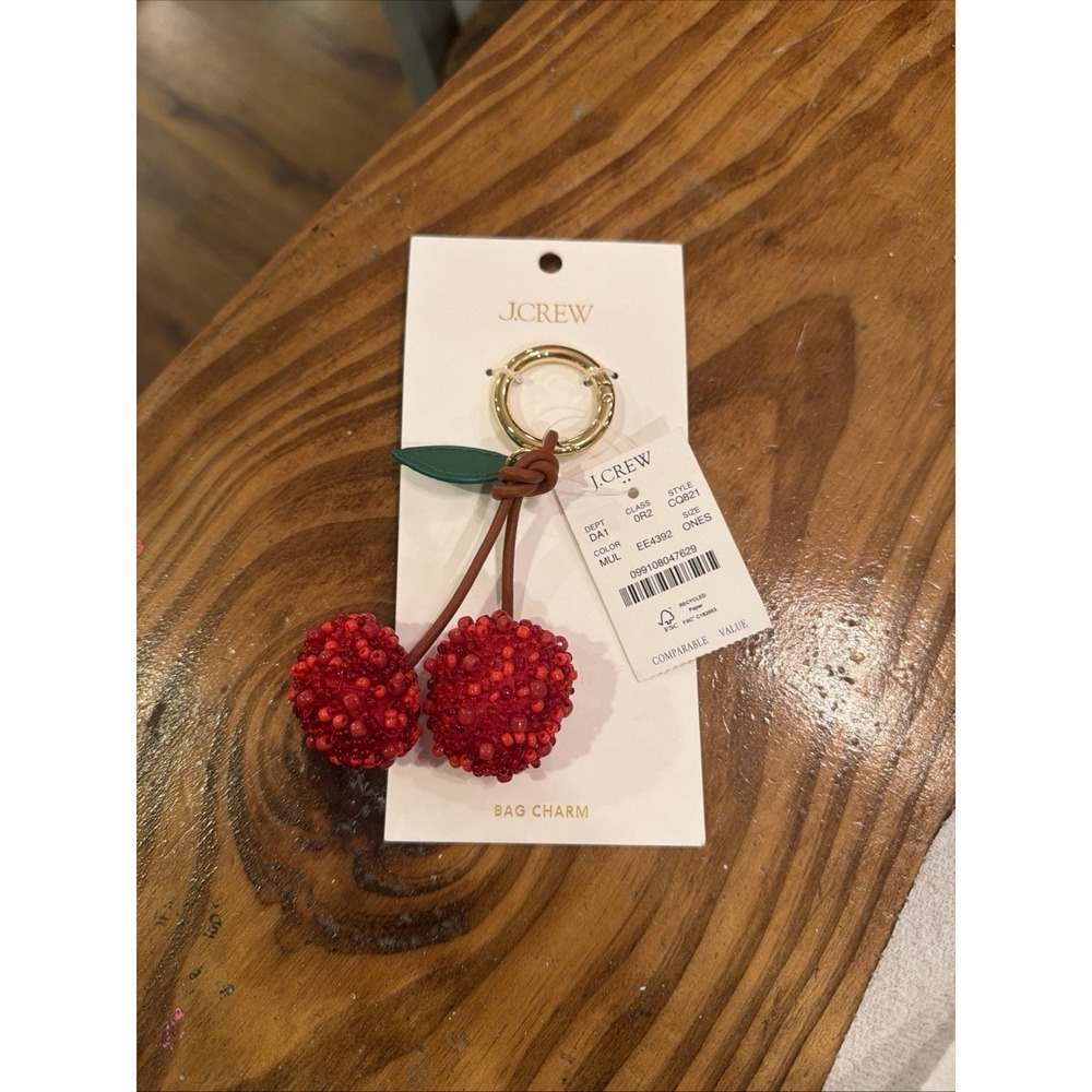 J.Crew Factory Beaded Cherry Bag Charm Keychain Red Green Multi-Color CQ821 New